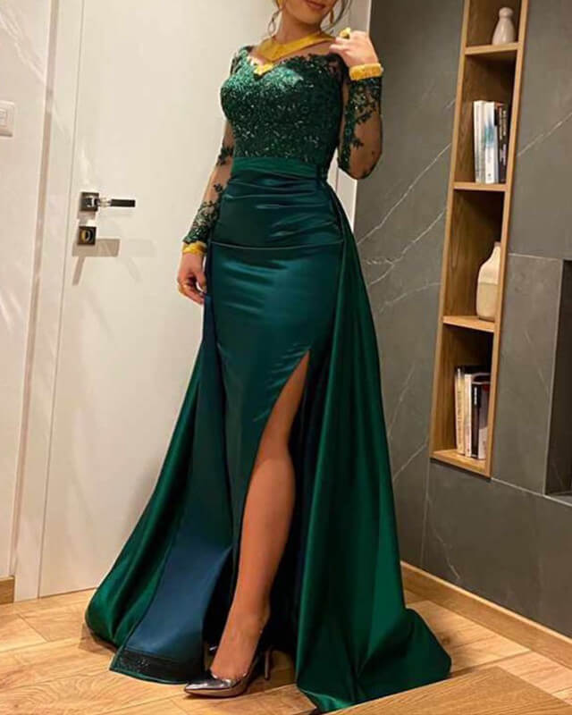 Mermaid Green Satin Prom Dresses V-Neck Lace Sleeves