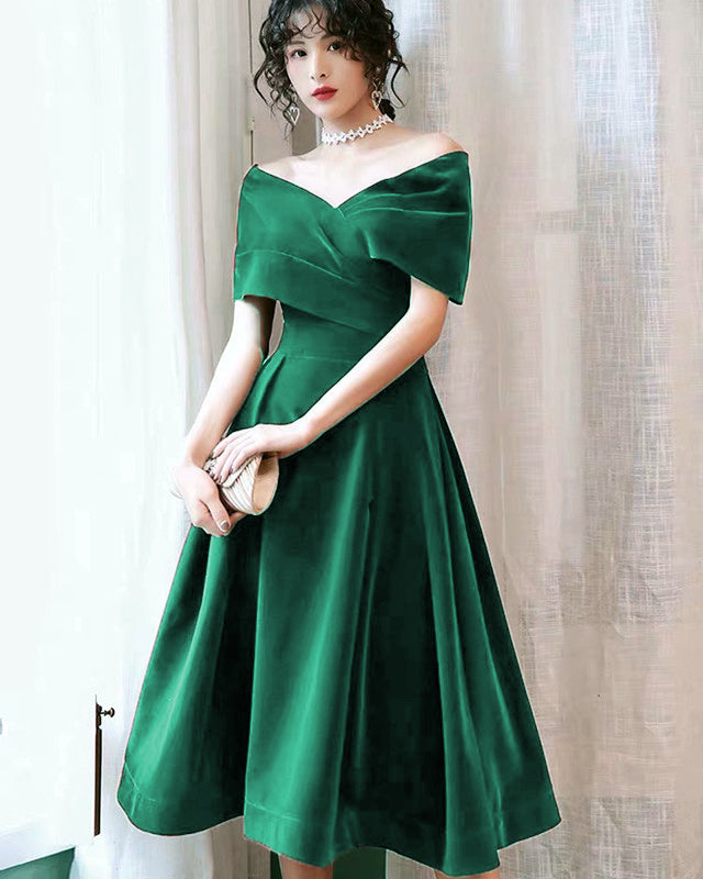 Green Velvet Midi Bridesmaid Dresses Off The Shoulder – alinanova