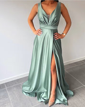 Load image into Gallery viewer, Dark Sage V-neck Split Maxi Satin Dress