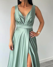 Load image into Gallery viewer, Dark Sage V-neck Split Maxi Satin Dress-alinanova