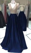 Load image into Gallery viewer, Deep V Neck Long Satin Keyhole Back Prom Dresses