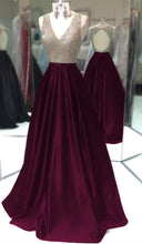 Load image into Gallery viewer, Deep V Neck Long Satin Keyhole Back Prom Dresses