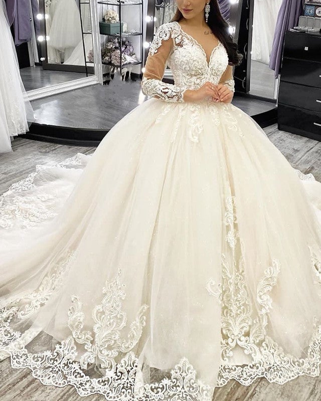 Deep V Neck Wedding Dress Tulle Ball Gown Embroidery