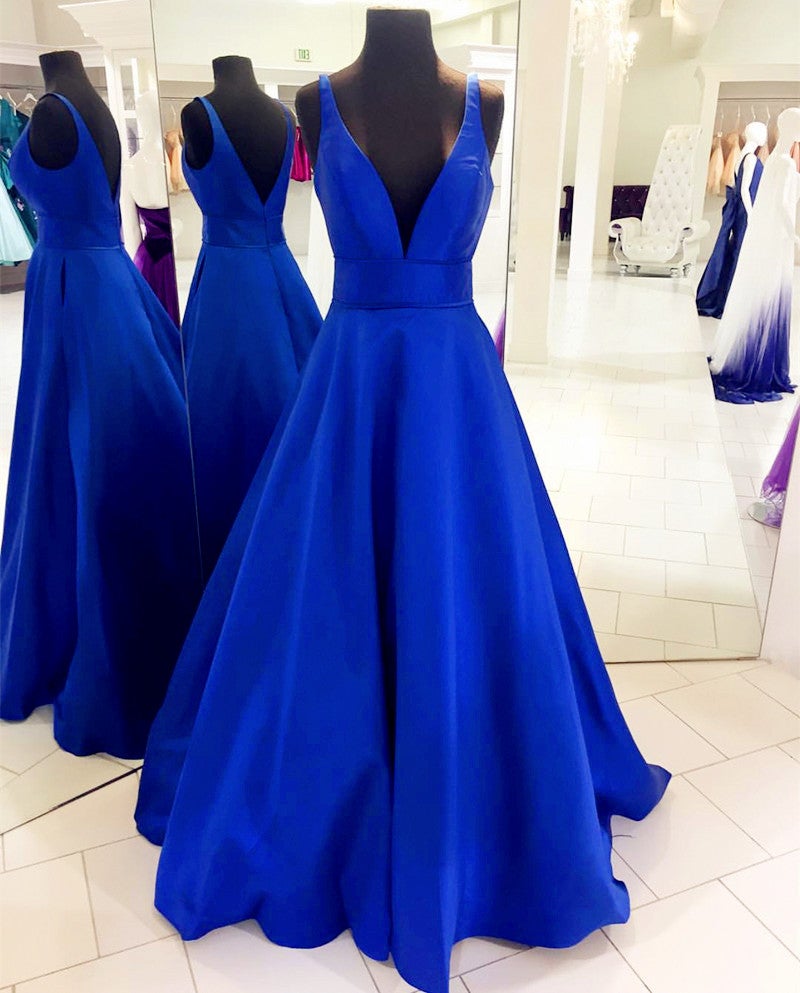 Deep V-neck Long Satin Floor Length Ballgowns Prom Dresses alinanova Deep V-neck Long Satin Floor Length Ballgowns Prom Dresses alinanova