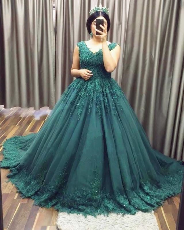 Green V Neck Ball Gown Tulle Prom Dresses Lace Appliques – alinanova