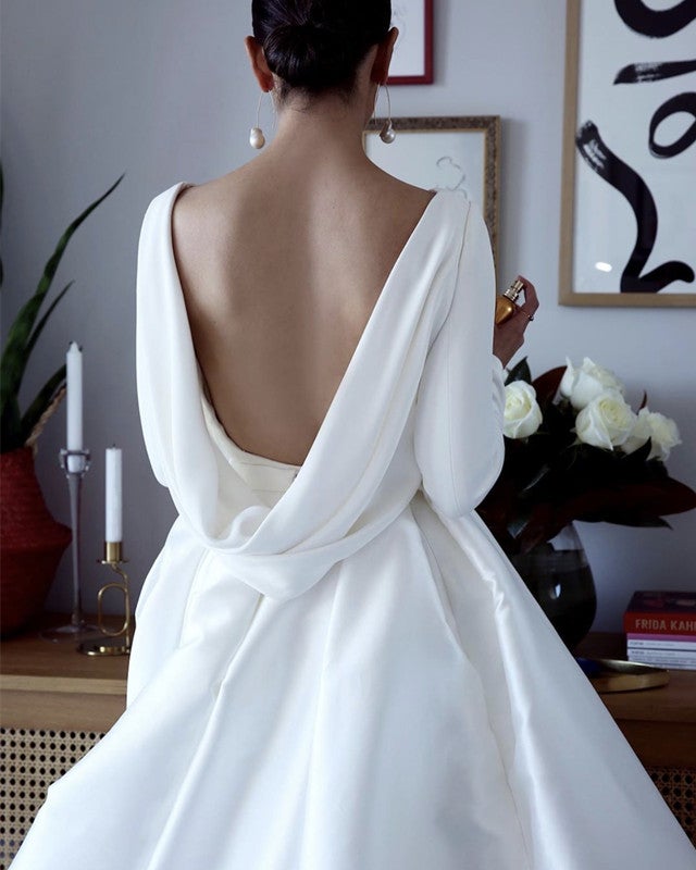 Draped Back Wedding Dress Satin Long Sleeves Ball Gown Draped Back Wedding Dress Satin Long Sleeves Ball Gown