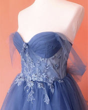Load image into Gallery viewer, Dusty Blue Prom Dresses Tulle Corset Appliques