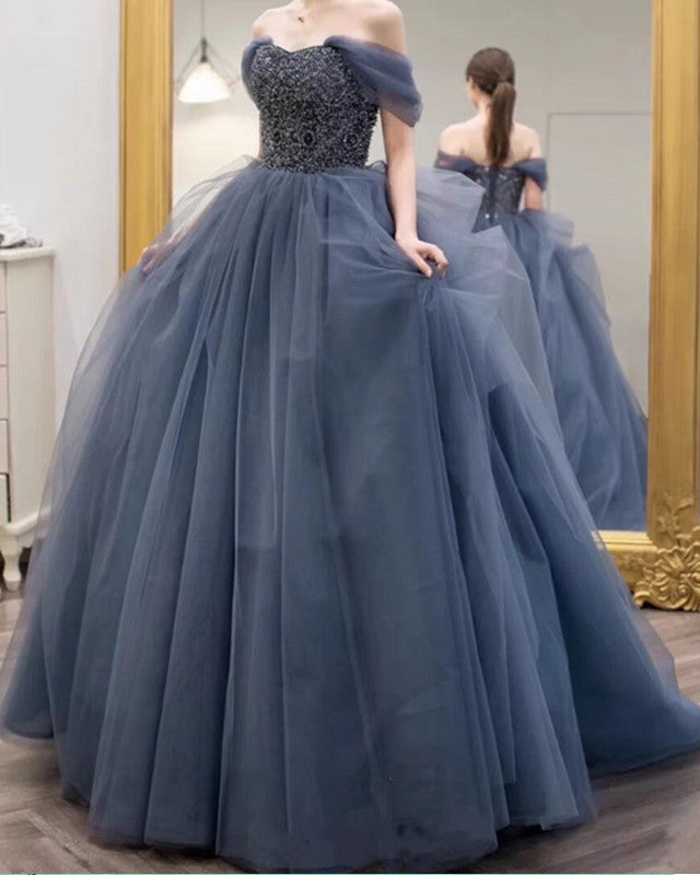 Dusty Blue Tulle Off The Shoulder Dresses alinanova Dusty Blue Tulle Off The Shoulder Dresses alinanova