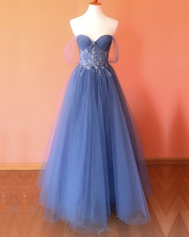 DDreamdressy Dusty Blue Tulle Bow Tie Shoulder Ruffle Long Prom Dress Dusty Blue / US 6