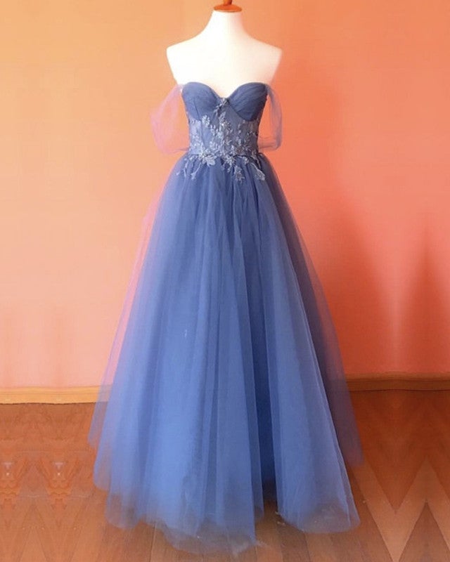 Dusty Blue Prom Dresses Tulle Corset Appliques – alinanova