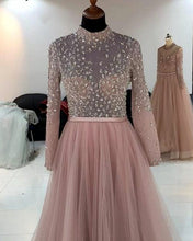 Load image into Gallery viewer, Dusty Pink Tulle Prom Dresses Beaded Long Sleeve