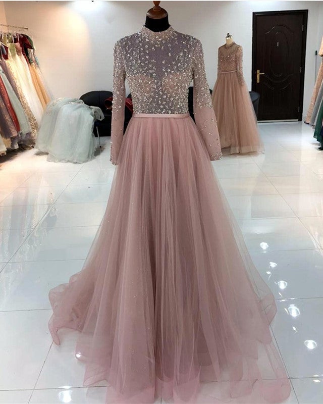 open lace back dress Dusty Pink Tulle Prom Dresses Beaded Long Sleeve
