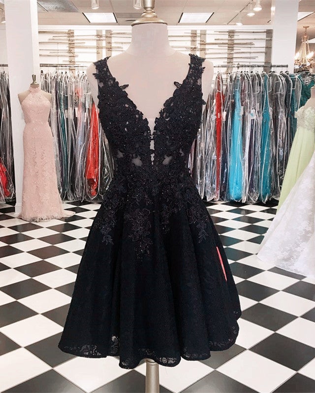 Elegant A-line Deep V-neck Lace Homecoming Dresses Short Cocktail Party Dress Elegant A-line Deep V-neck Lace Homecoming Dresses Short Cocktail Party Dress