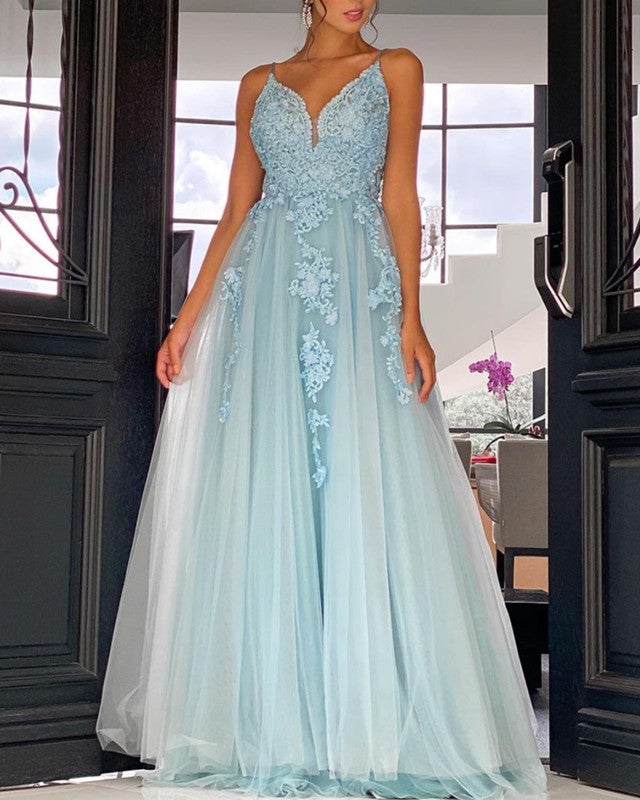 Elegant A-line Prom Long Dresses Tulle V Neck Appliques Elegant A-line Prom Long Dresses Tulle V Neck Appliques