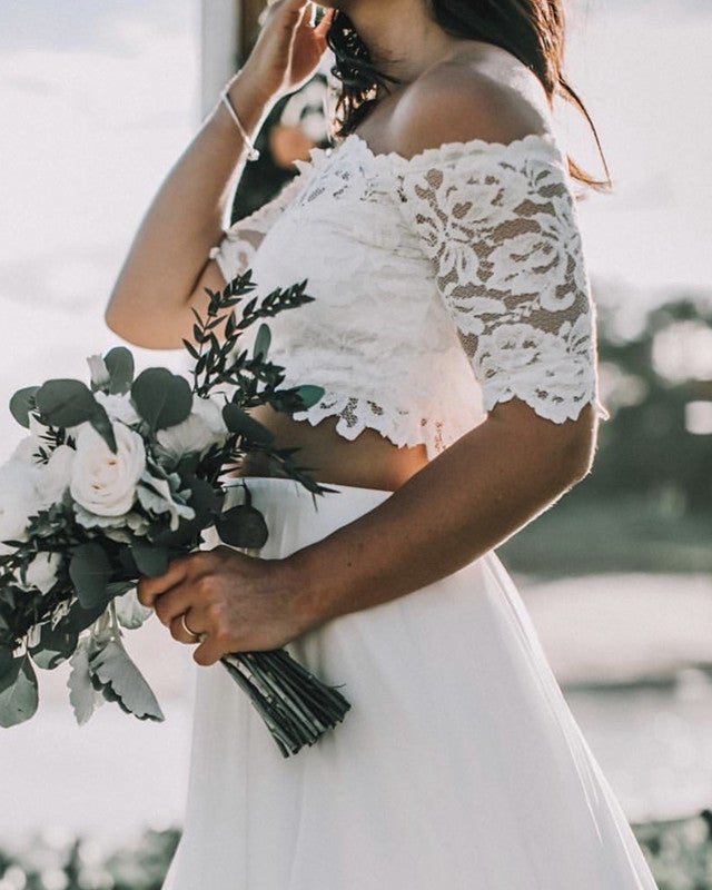 Elegant Boho Lace Crop Wedding Dresses Two Piece Elegant Boho Lace Crop Wedding Dresses Two Piece