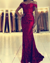 Load image into Gallery viewer, Burgundy Lace Mermaid Prom Dresses