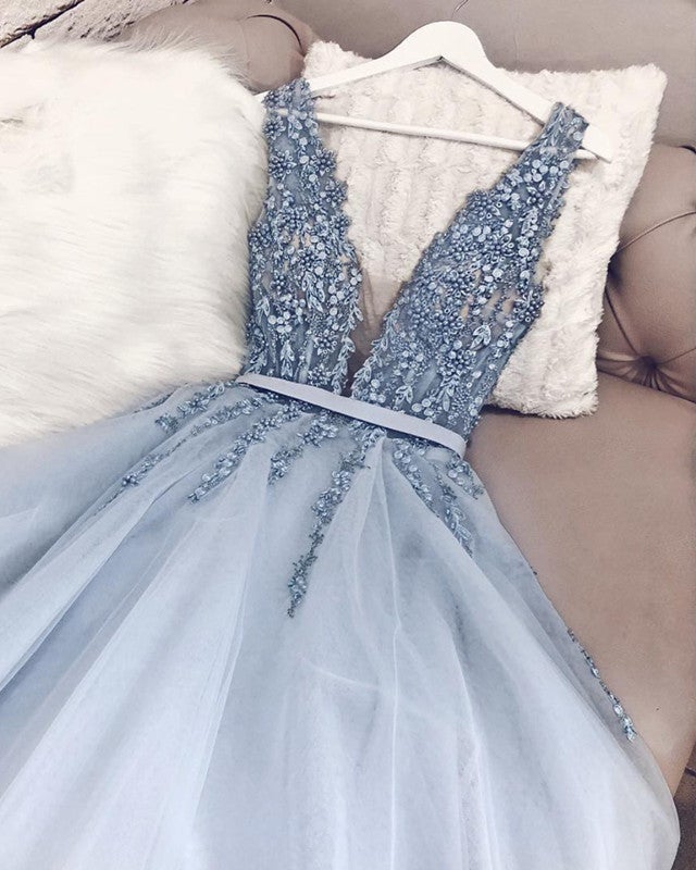 Light Blue Tulle Prom Dresses Long