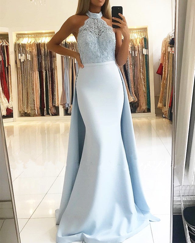 Elegant Halter Lace Mermaid Satin Floor Length Prom Dresses Elegant Halter Lace Mermaid Satin Floor Length Prom Dresses