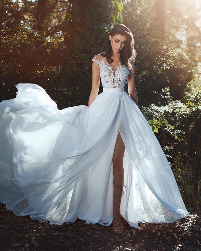 Elegant Lace Appliques Cap Sleeves Chiffon Wedding Dresses with Leg Slit Elegant Lace Appliques Cap Sleeves Chiffon Wedding Dresses with Leg Slit