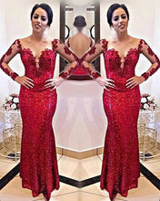 Load image into Gallery viewer, Red Sequin Mermaid Prom Dresses Long Sleeves