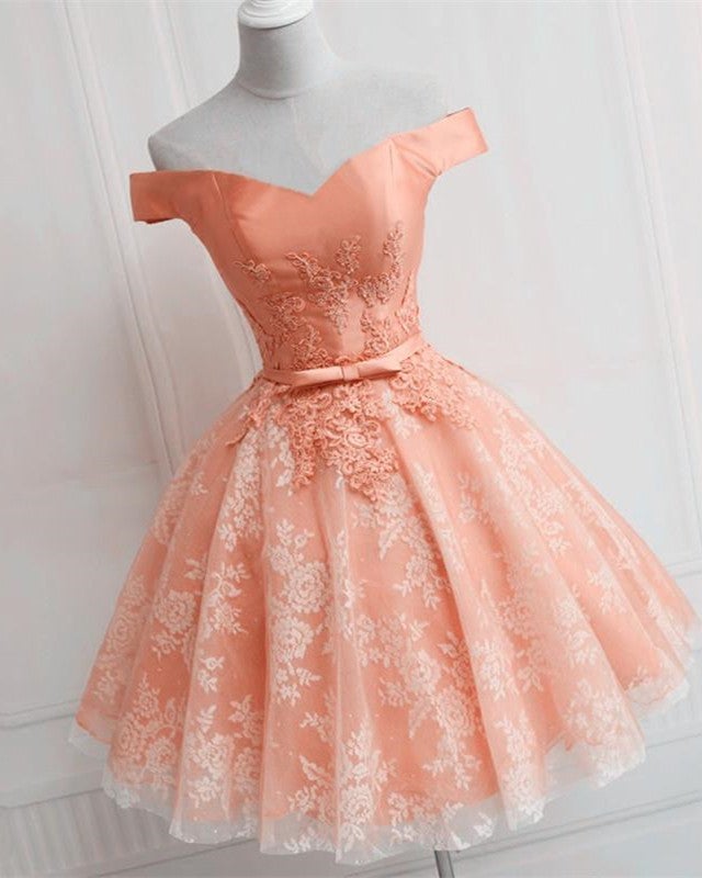 Elegant Lace Appliques Satin Off The Shoulder Homecoming Dress Short Elegant Lace Appliques Satin Off The Shoulder Homecoming Dress Short