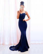 Load image into Gallery viewer, Navy-Blue-Formal-Dresses-Long-Mermaid-Prom-Gowns-Lace-Appliques
