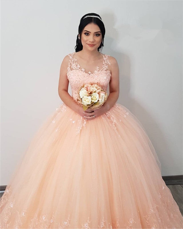Elegant Lace Appliques Tulle Ball Gowns Peach Quinceanera Dresses Elegant Lace Appliques Tulle Ball Gowns Peach Quinceanera Dresses