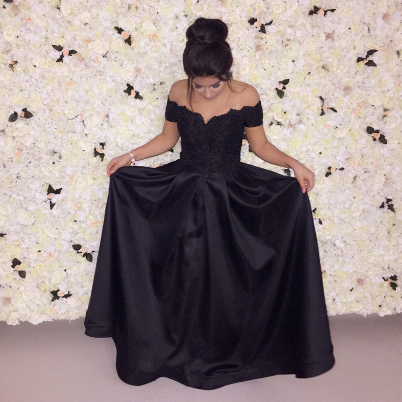 black v neck off the shoulder dress Elegant Lace Appliques V-neck Off-the-shoulder Floor Length Satin Evening Dresse