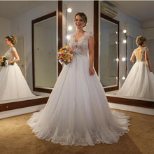 Load image into Gallery viewer, Elegant Lace Cap Sleeves Nude Back Tulle Wedding Dresses Princess