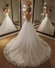 Load image into Gallery viewer, Elegant Lace Cap Sleeves Nude Back Tulle Wedding Dresses Princess