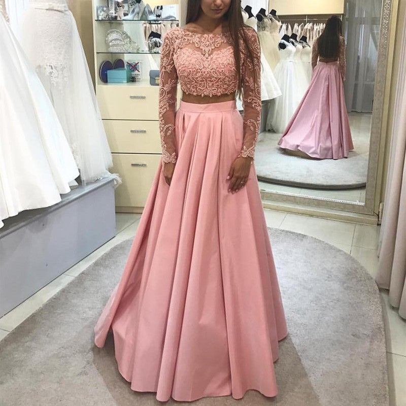 Elegant Pink Satin Long Sleeves Prom Dresses Two Piece – alinanova