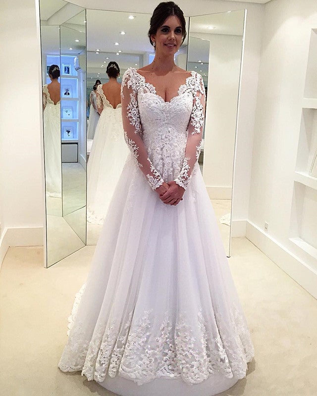 Elegant Lace Long Sleeves Tulle V-neck Wedding Dresses Princess For Bride Elegant Lace Long Sleeves Tulle V-neck Wedding Dresses Princess For Bride