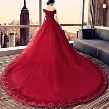 Load image into Gallery viewer, Elegant Lace Off Shoulder Royal Train Maroon Wedding Dresses