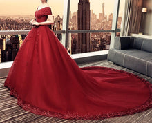 Load image into Gallery viewer, Elegant Lace Off Shoulder Royal Train Maroon Wedding Dresses
