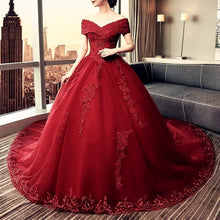 Load image into Gallery viewer, Elegant Lace Off Shoulder Royal Train Maroon Wedding Dresses-alinanova