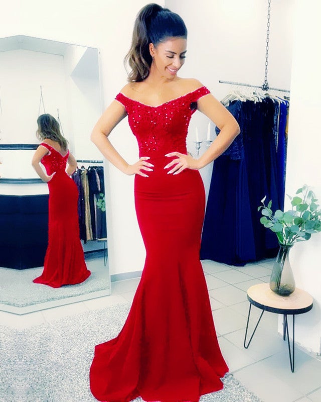 Elegant Lace Train V-neck Off Shoulder Prom Dresses Mermaid Elegant Lace Train V-neck Off Shoulder Prom Dresses Mermaid
