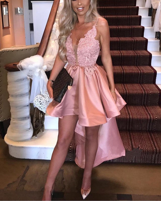 Elegant Lace V-neck Homecoming Dress High Low Hem Prom Gowns Elegant Lace V-neck Homecoming Dress High Low Hem Prom Gowns