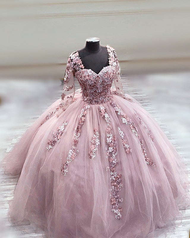 Pink Quince Dress Designers Elegant Long Sleeves Quinceanera Dresses Ball Gown With 3D Flowers Pink Quince Dress Designers Elegant Long Sleeves Quinceanera Dresses Ball Gown With 3D Flowers