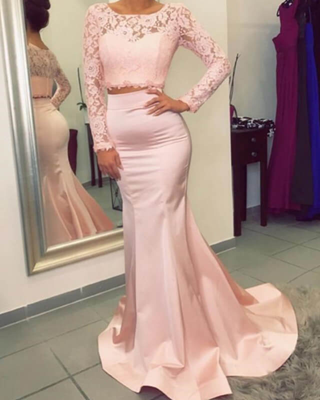 Elegant Pink Two Piece Prom Dresses Mermaid Long Sleeve Elegant Pink Two Piece Prom Dresses Mermaid Long Sleeve