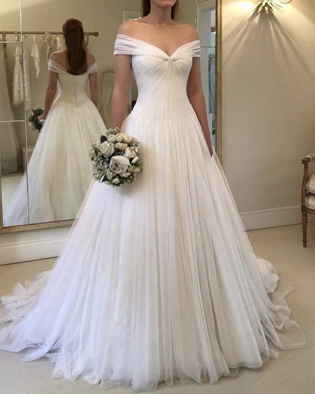 A-line V-neck Tulle Off Shoulder Princess Wedding Dresses – alinanova