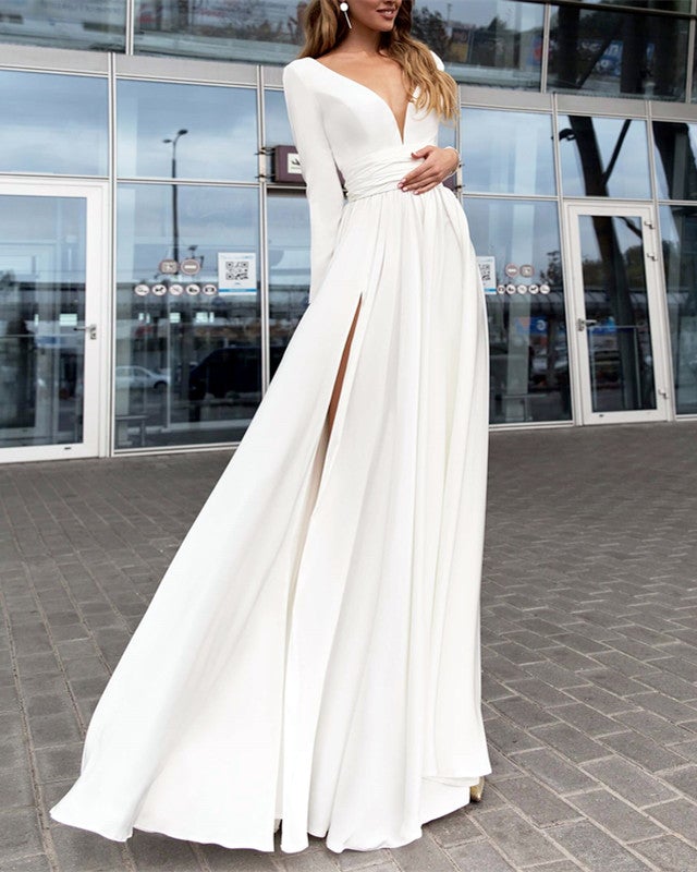Elegant Plunge V-neck Long Sleeves Chiffon Wedding Dresses Leg Split Elegant Plunge V-neck Long Sleeves Chiffon Wedding Dresses Leg Split