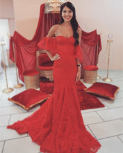 Load image into Gallery viewer, Elegant Red Lace Mermaid Evening Gowns Off The Shoulder For Engagement