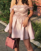 Load image into Gallery viewer, Pink Homecoming Dresses Lace Off Shoulder
