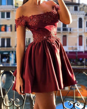 Load image into Gallery viewer, Burgundy Homecoming Dresses Lace Off Shoulder