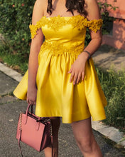 Load image into Gallery viewer, Gold Homecoming Dresses Lace Off Shoulder
