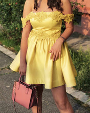 Load image into Gallery viewer, Yellow Homecoming Dresses Lace Off Shoulder