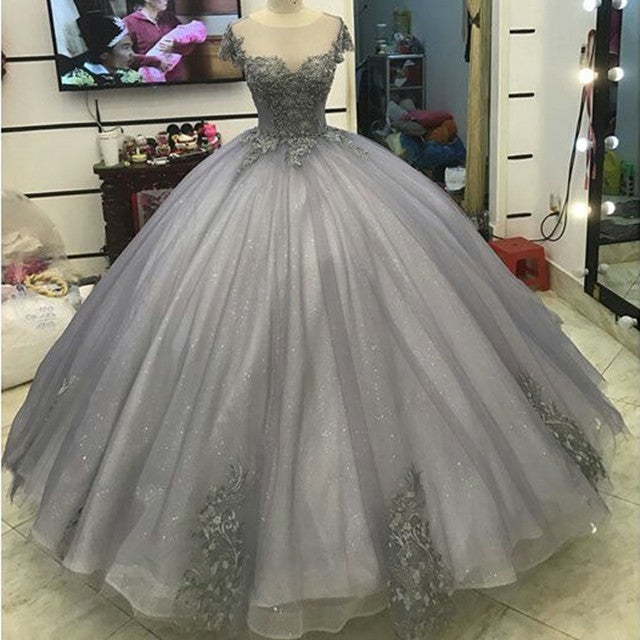 Elegant Silver Tulle Ball Gowns Prom Dresses Lace Appliques alinanova Elegant Silver Tulle Ball Gowns Prom Dresses Lace Appliques alinanova