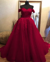Load image into Gallery viewer, Burgundy Tulle Prom Dresses Long