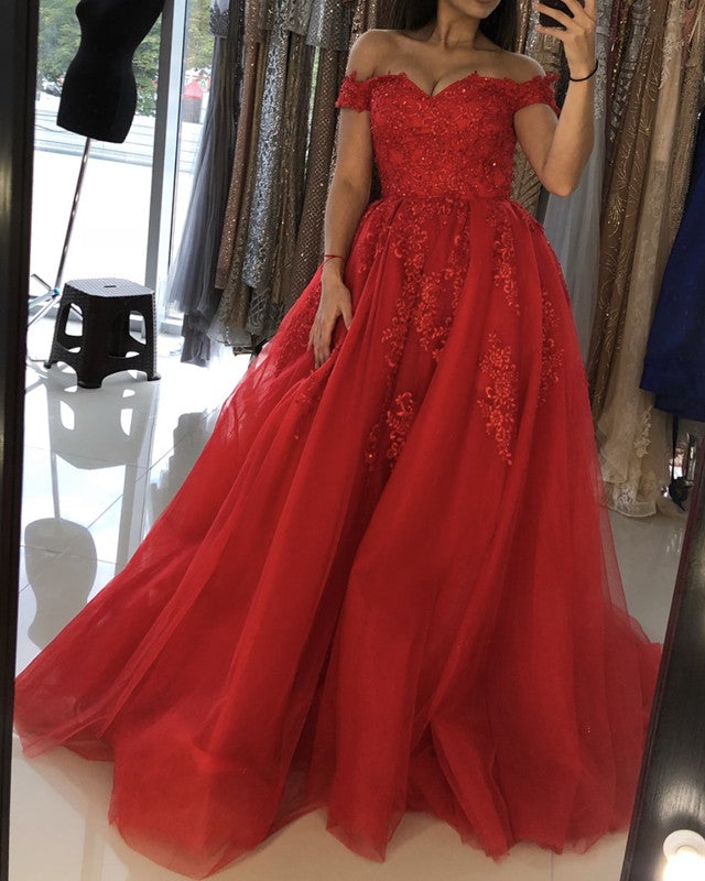 Elegant Tulle Prom Dresses Lace Appliques Evening Gown Off Shoulder –  alinanova