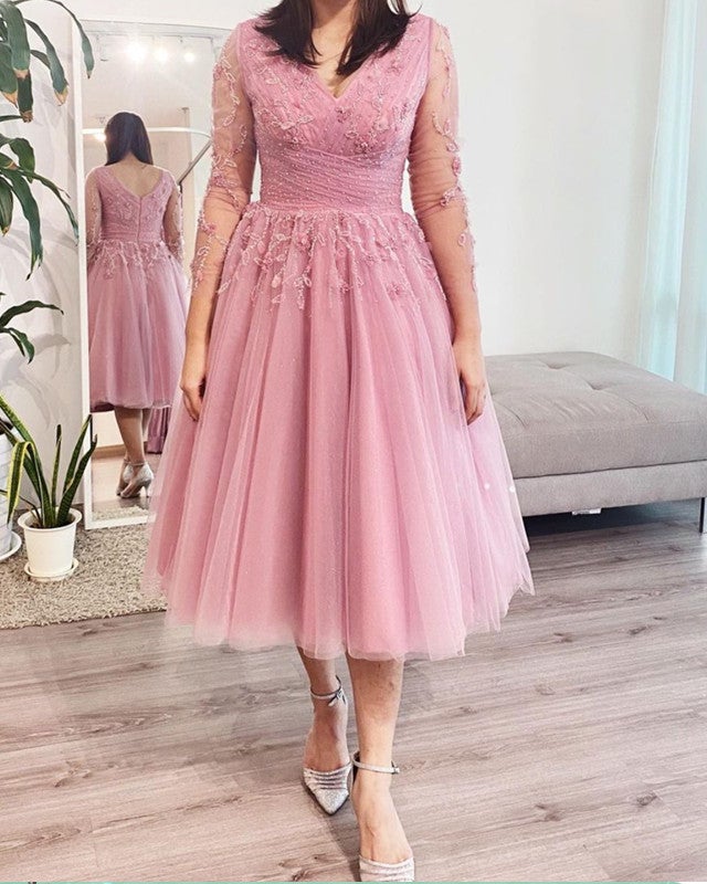 white christmas dresses Elegant Tulle Embroidery Tea Length Bridesmaid Dresses with Sleeves